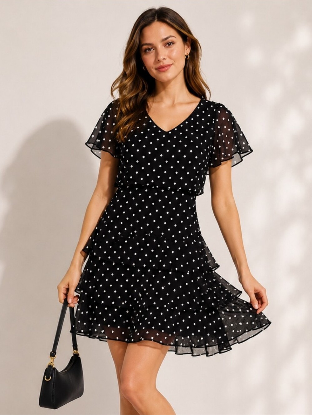 SLNY Black Polka Dot Ruffle Layered Below Knee Length Dress Sz 12